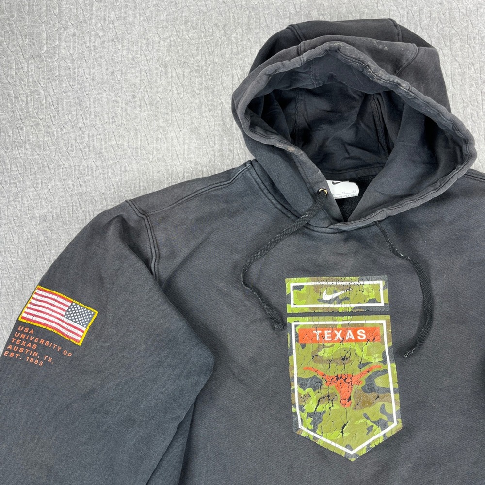 Vintage Nike Texas Longhorns Hoodie XL Blackβ Camo Logo USA Flag Sweatshirt